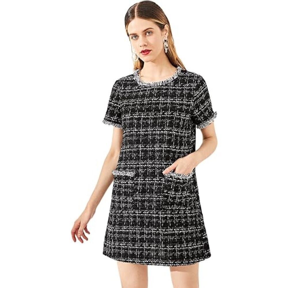 Floerns Black Tweed Pocket Fringed Trim Mini Shift‎ Dress SMALL